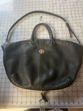 Tory Burch Black Pebbled Leather Tote with Gold Logo